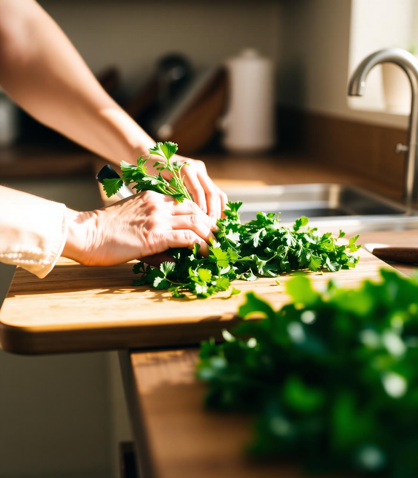 Hands preparing fresh green herbs in a warm home kitchen